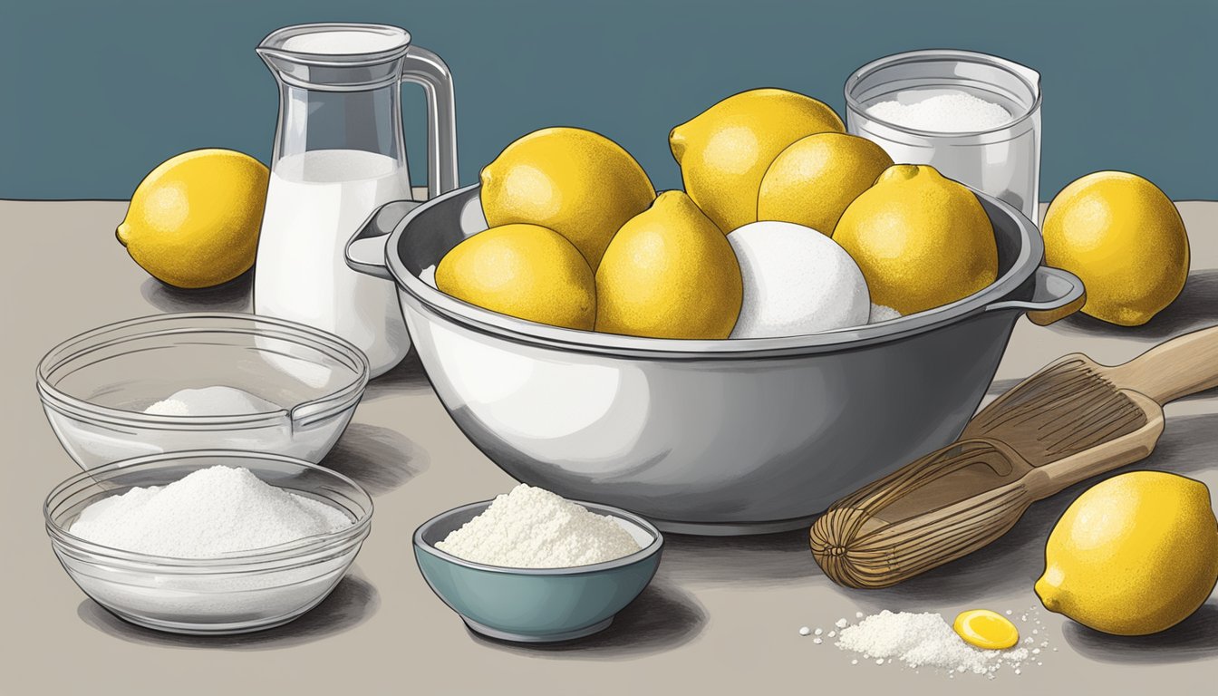 A table with scattered ingredients: lemons, flour, eggs, and a measuring cup. A mixing bowl and whisk sit nearby