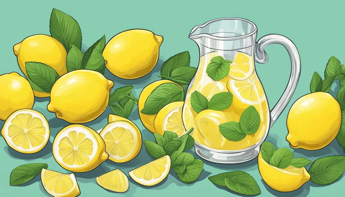 A pitcher of freshly squeezed lemonade surrounded by vibrant lemons and a sprig of mint