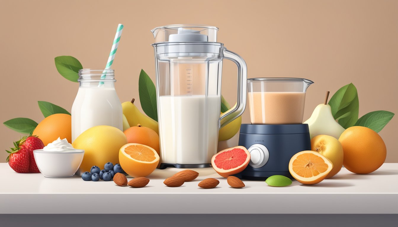 A blender surrounded by fresh fruits, yogurt, and sugar-free syrup, with a measuring cup of almond milk and a scoop of protein powder