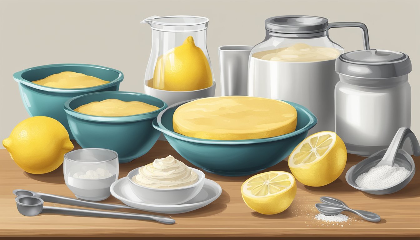 A kitchen counter with ingredients, mixing bowls, and a whisk, surrounded by measuring cups and spoons, with a recipe book open to a lemon cake diabetic recipe