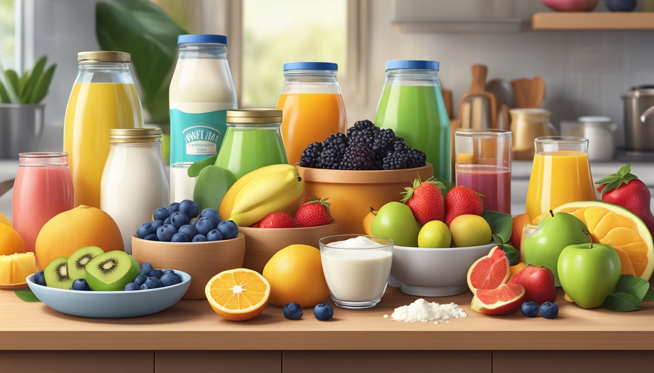 A colorful array of fresh fruits, low-sugar dairy products, and sugar-free sweeteners arranged on a kitchen counter