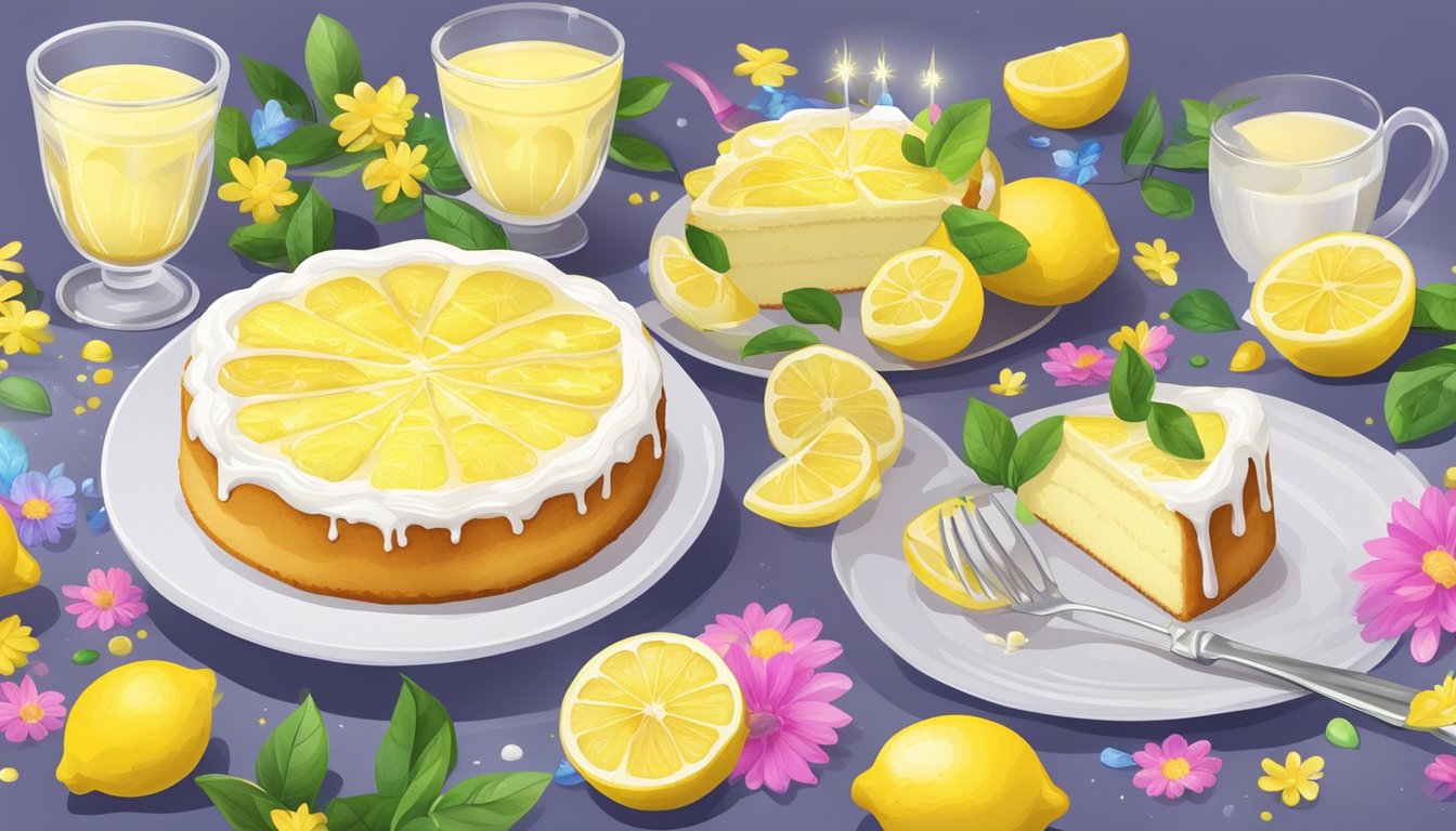 A table set with a lemon cake, fresh lemons, and sugar-free icing, surrounded by colorful decorations and serving utensils