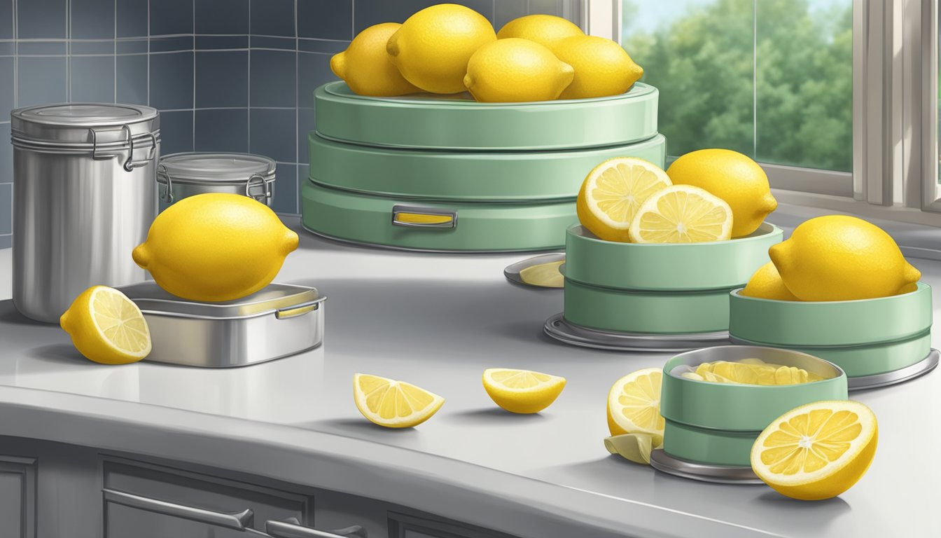 A lemon cake sits on a kitchen counter, surrounded by fresh lemons and airtight storage containers