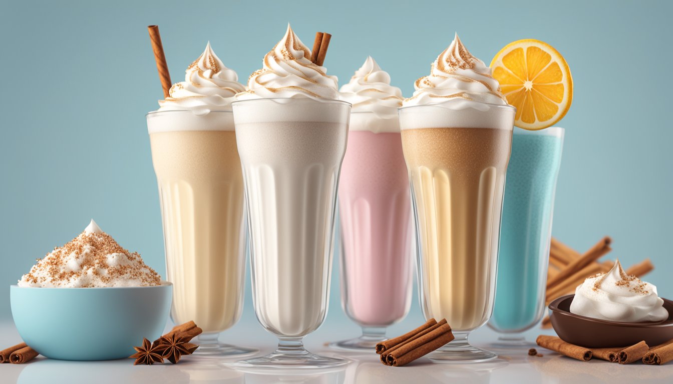 A tall glass filled with a creamy milkshake topped with a swirl of sugar-free whipped cream and a sprinkle of cinnamon