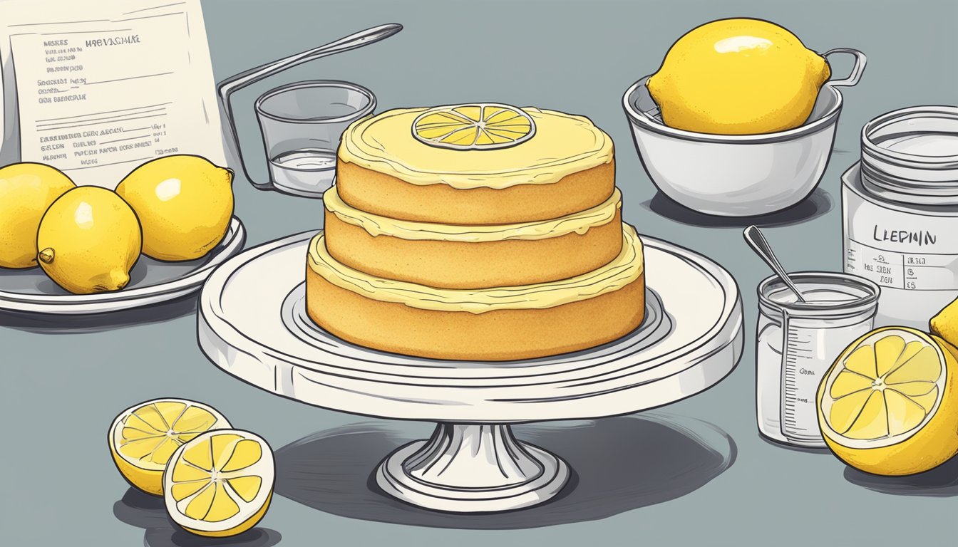 A lemon cake recipe surrounded by fresh lemons, a measuring cup, and a nutrition label