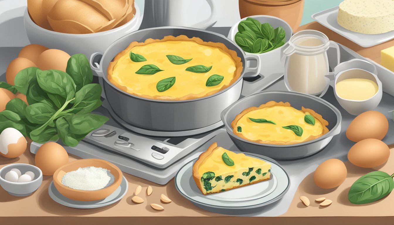 A kitchen counter with ingredients for diabetic quiche, including eggs, spinach, cheese, and almond flour