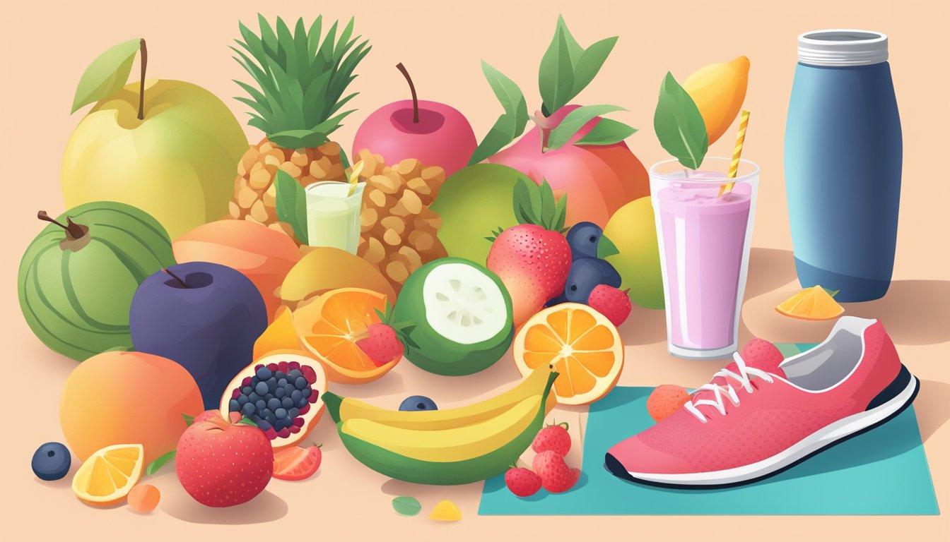 A colorful array of fresh fruits, a blender, and a glass of creamy diabetic-friendly milkshake surrounded by a yoga mat and running shoes