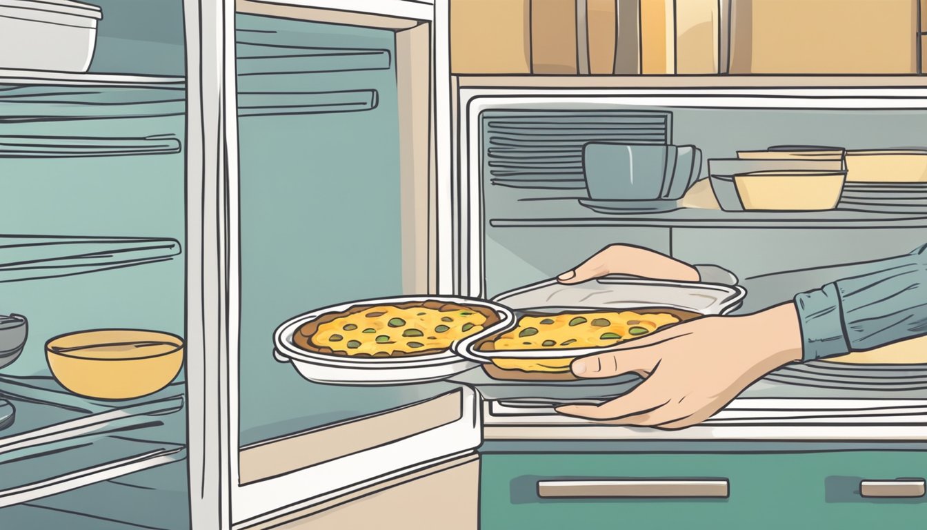 A hand placing a quiche in a refrigerator, then taking it out and reheating it in a microwave