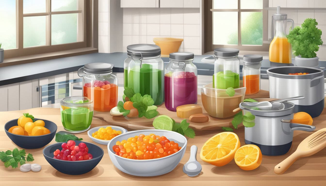 A kitchen counter with assorted ingredients and utensils for making diabetic jelly