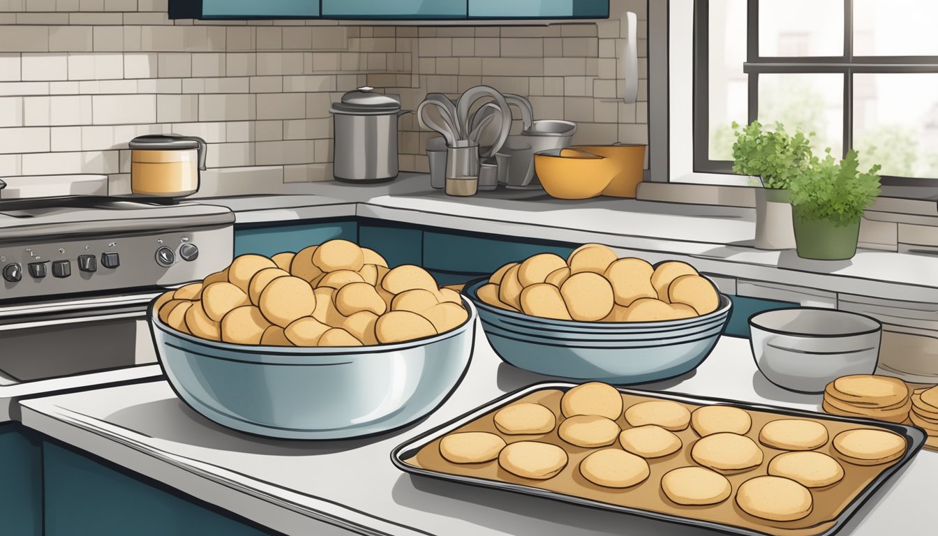 A kitchen counter with a mixing bowl, ingredients, and a tray of freshly baked diabetic shortbread cookies