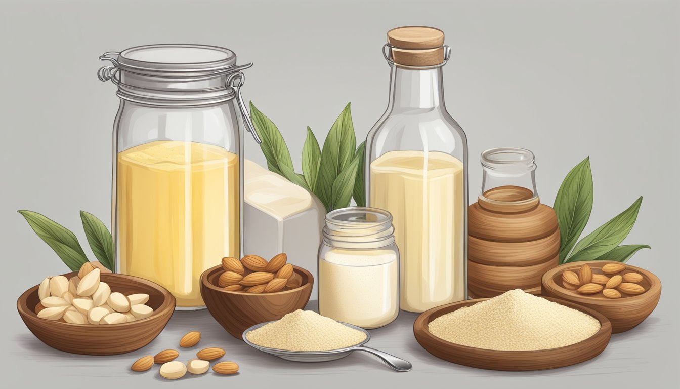 A table with ingredients: almond flour, butter, erythritol, vanilla extract. A measuring scale and spoons. A notepad with handwritten nutritional information