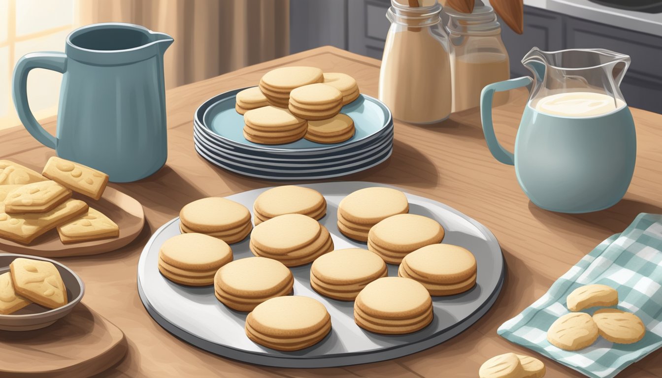 A kitchen counter with a tray of freshly baked diabetic shortbread cookies, surrounded by ingredients like almond flour and sugar substitute