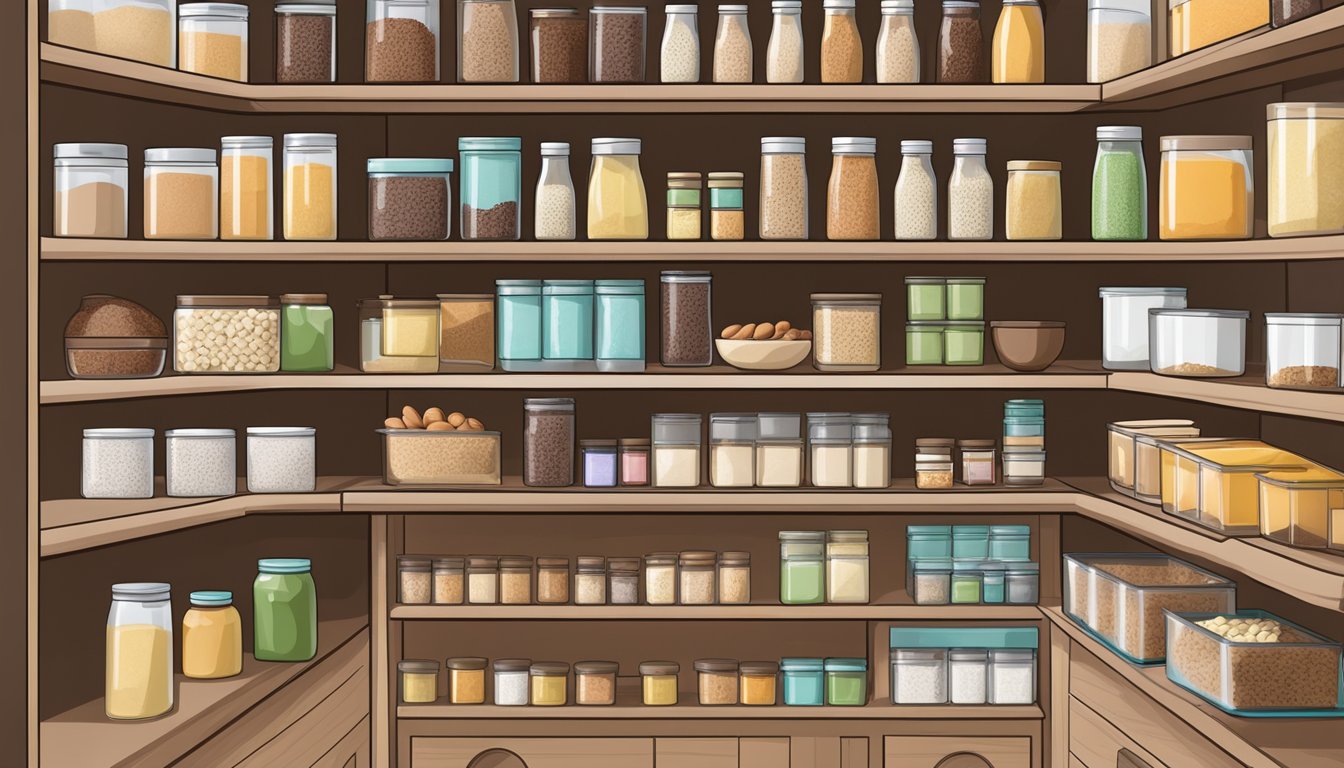 A neatly organized pantry with shelves stocked with diabetic-friendly ingredients such as almond flour, stevia, and sugar-free chocolate chips