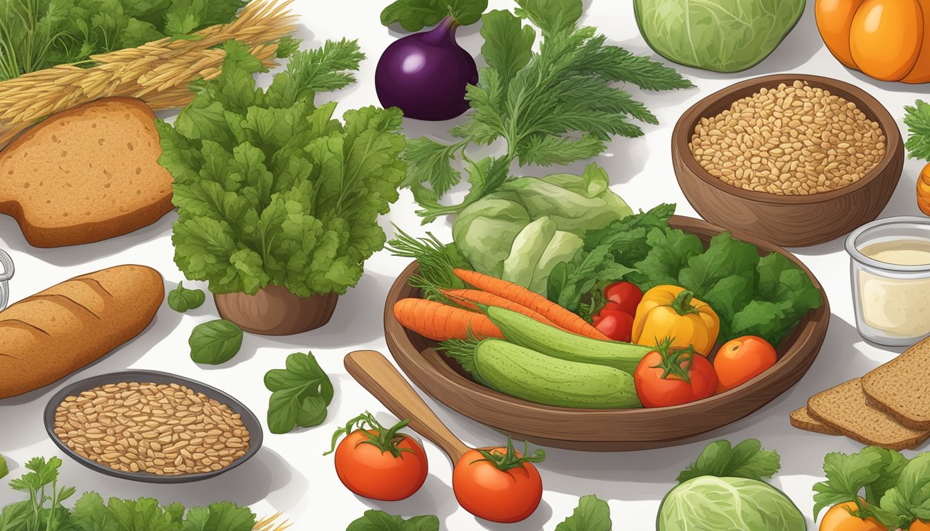 A table with various fresh vegetables, herbs, and whole grain bread, along with a measuring cup and spoon