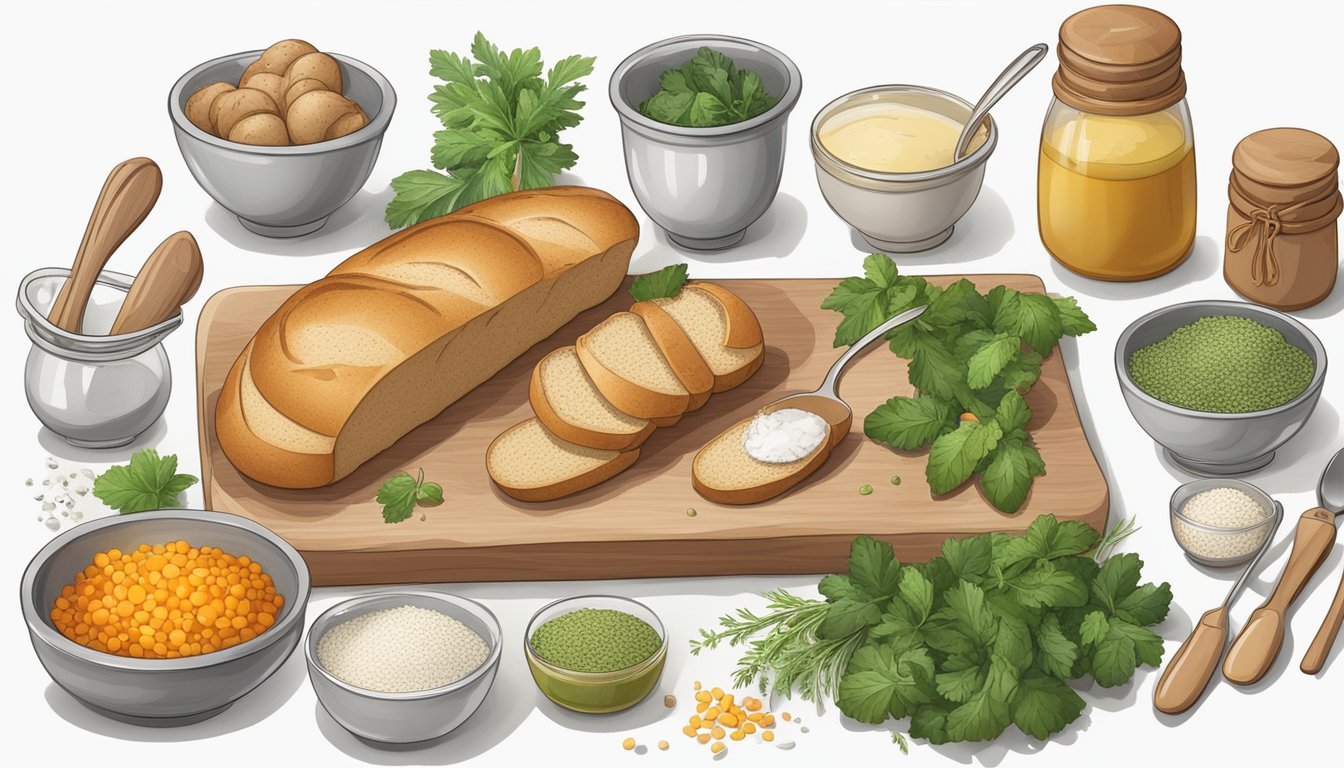 A table with ingredients (bread, vegetables, herbs) and a recipe card, surrounded by measuring cups and spoons