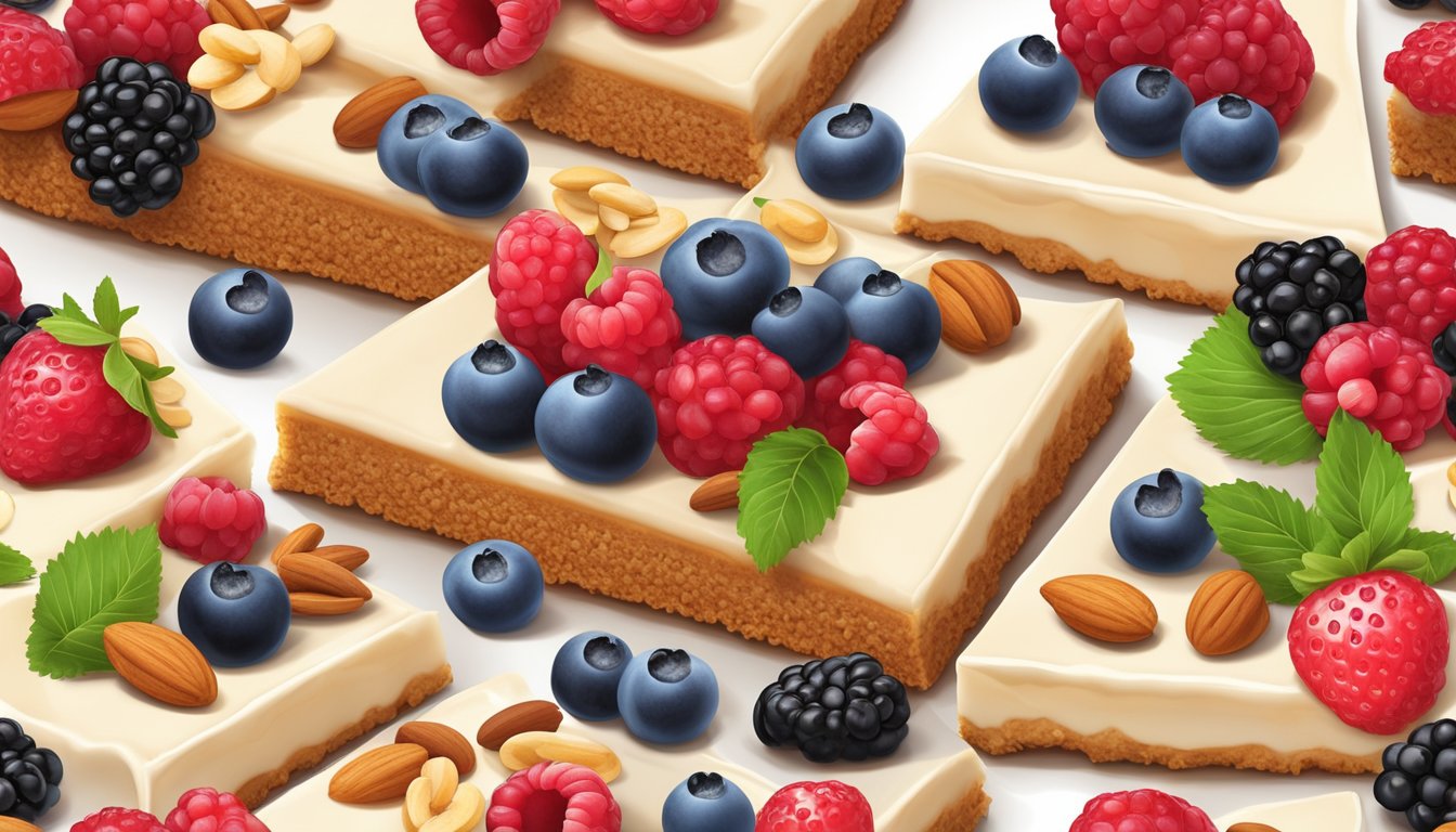 A colorful array of fresh berries and nuts arranged on top of a smooth, creamy cheesecake in a graham cracker crust