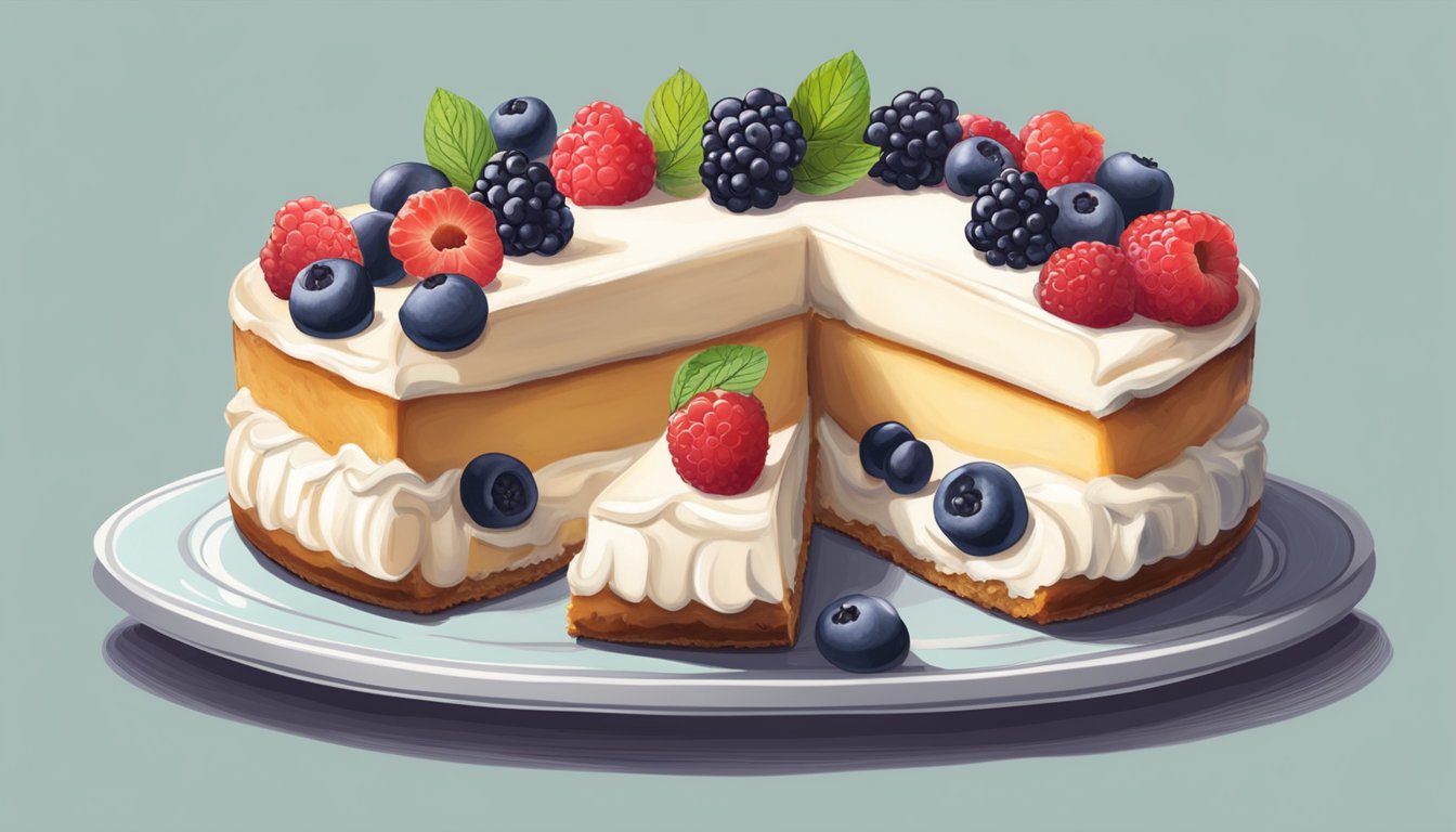 A cheesecake sitting on a table with a slice removed, surrounded by fresh berries and a dollop of whipped cream