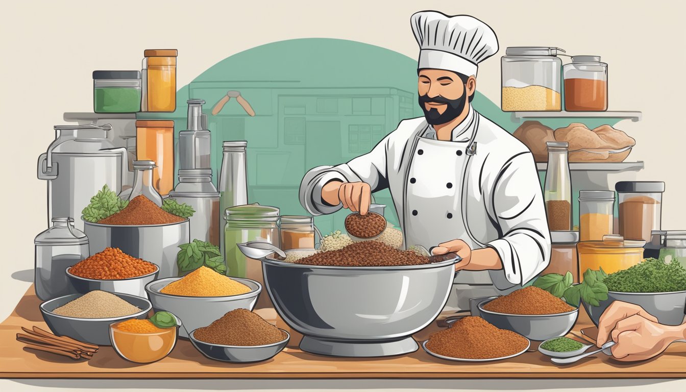 A chef mixing spices into a bowl of ground turkey, surrounded by various fresh ingredients and measuring spoons