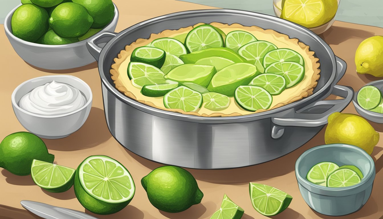 A kitchen counter with ingredients and utensils laid out for making a key lime pie, including a bowl of limes, a measuring cup, and a pie dish