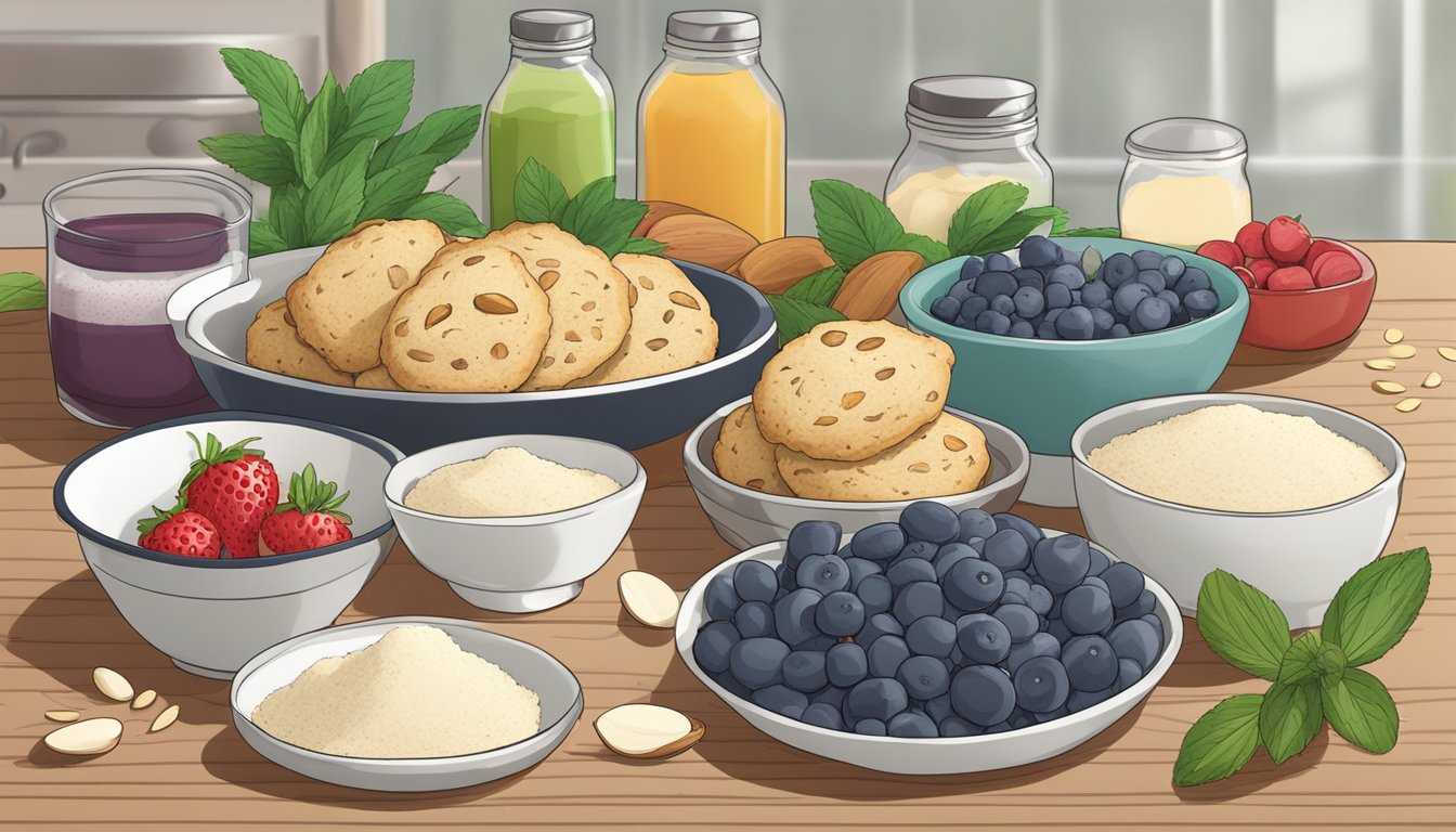 A kitchen counter with ingredients for a diabetic scone recipe laid out, including almond flour, stevia, and fresh berries