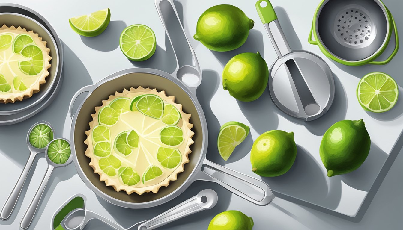 A bright kitchen with fresh limes, measuring spoons, and a pie tin on a clean countertop