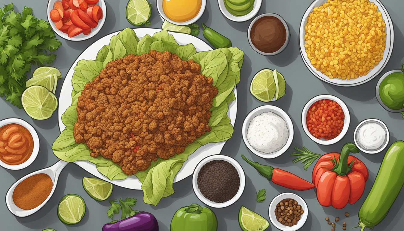 A kitchen counter with fresh vegetables, spices, and lean ground turkey laid out for preparing a diabetic-friendly taco recipe