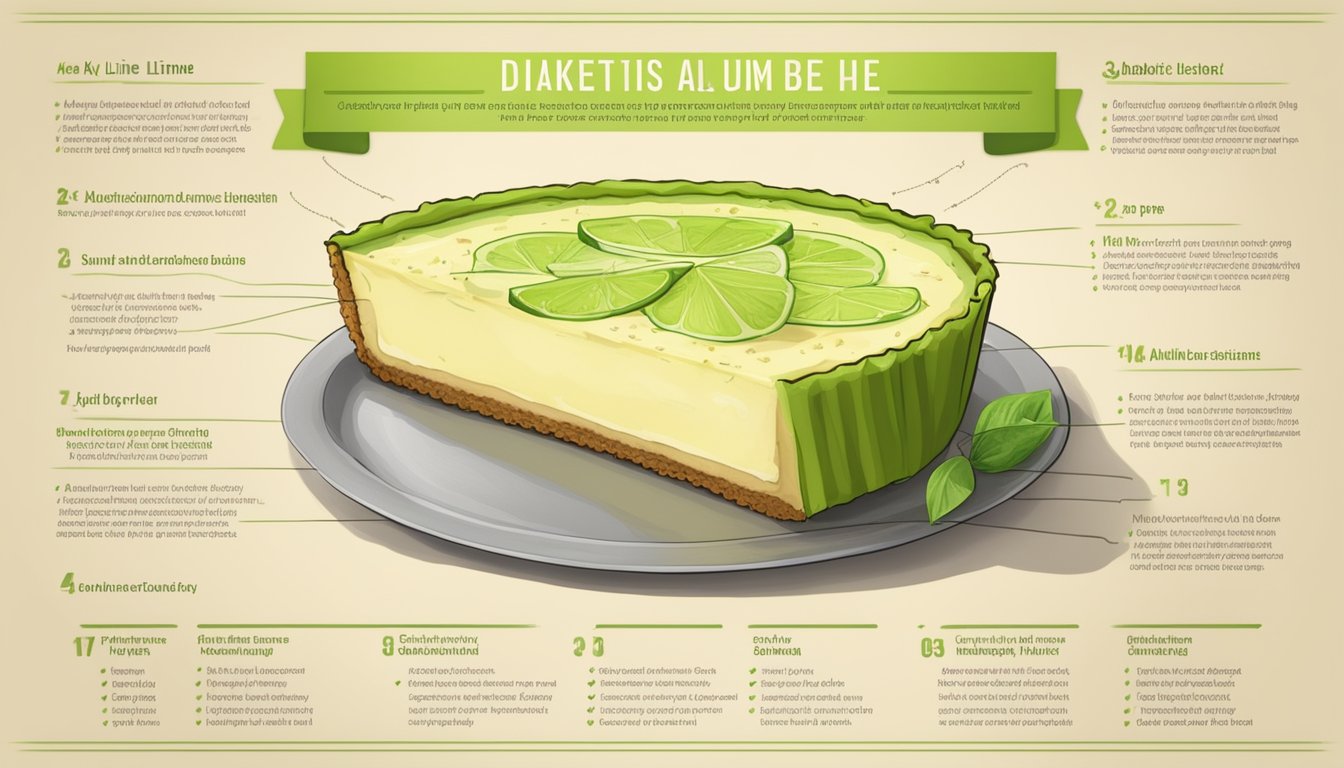 A key lime pie recipe with diabetic adjustments, including a nutritional profile chart and ingredients like almond flour and stevia