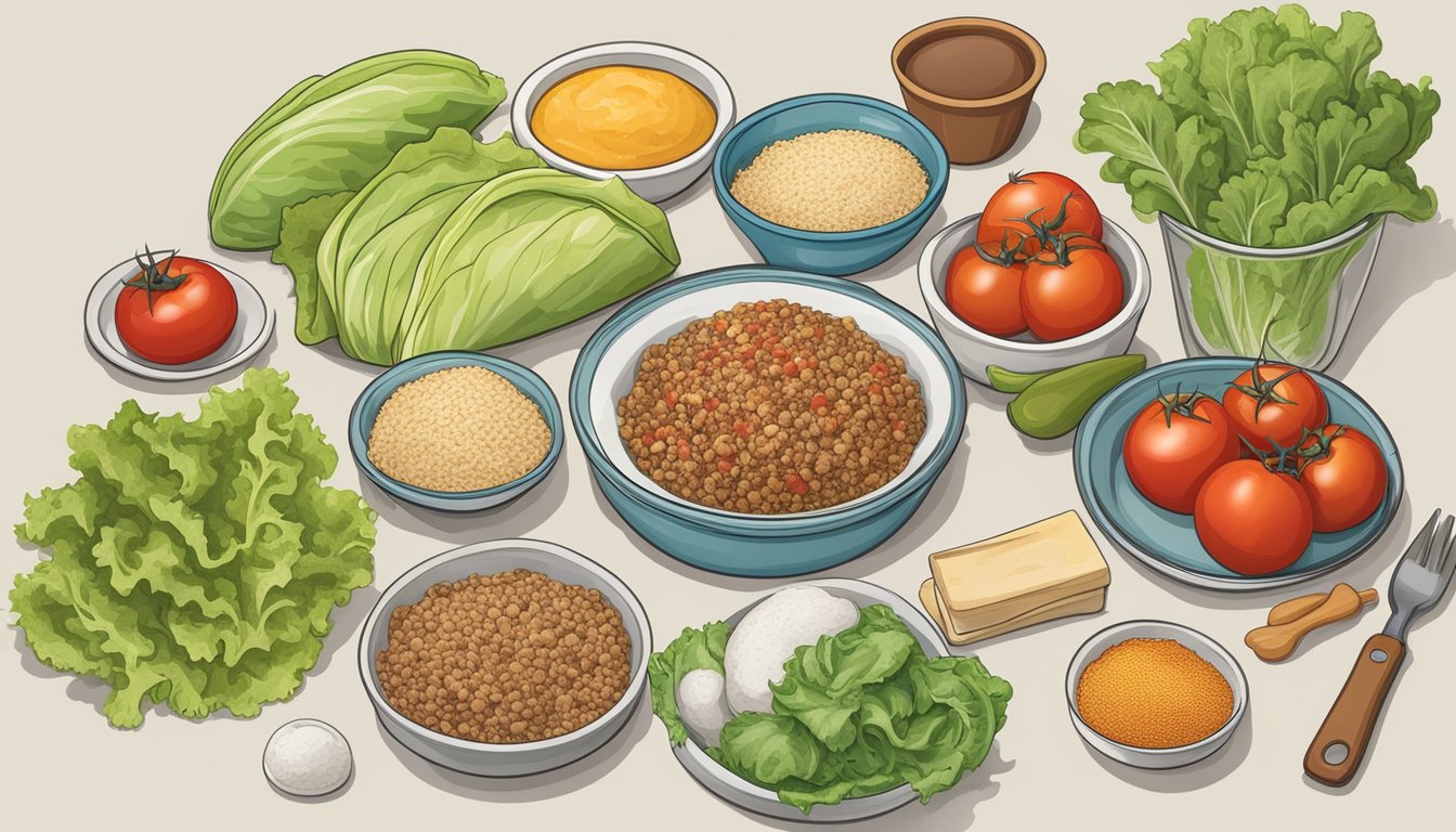 A kitchen counter with various ingredients for a diabetic taco recipe, including lettuce, tomatoes, lean ground turkey, whole grain tortillas, and low-sodium seasoning