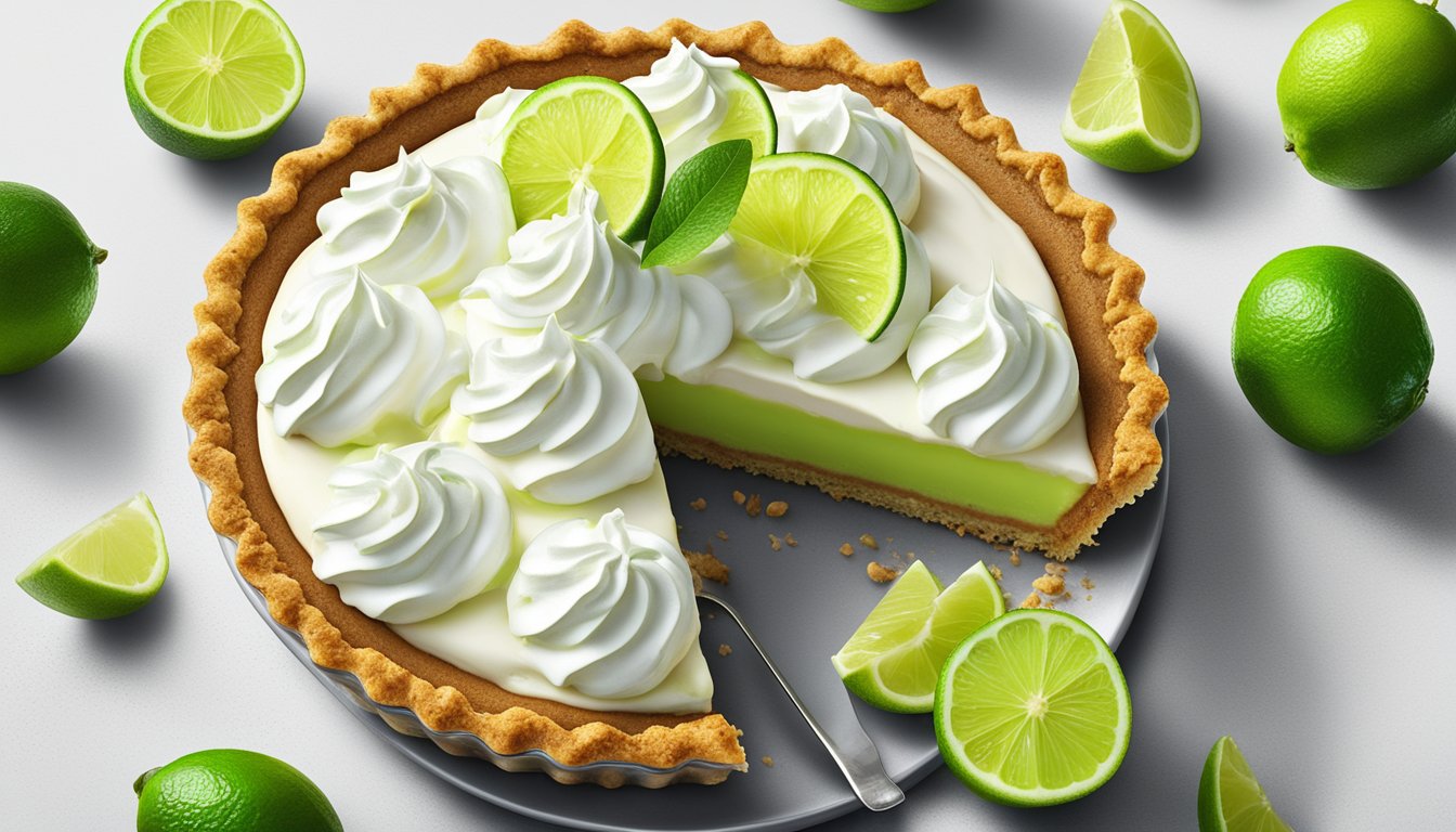 A fresh key lime pie with a nut crust and a slice removed, surrounded by key limes and a dollop of whipped cream