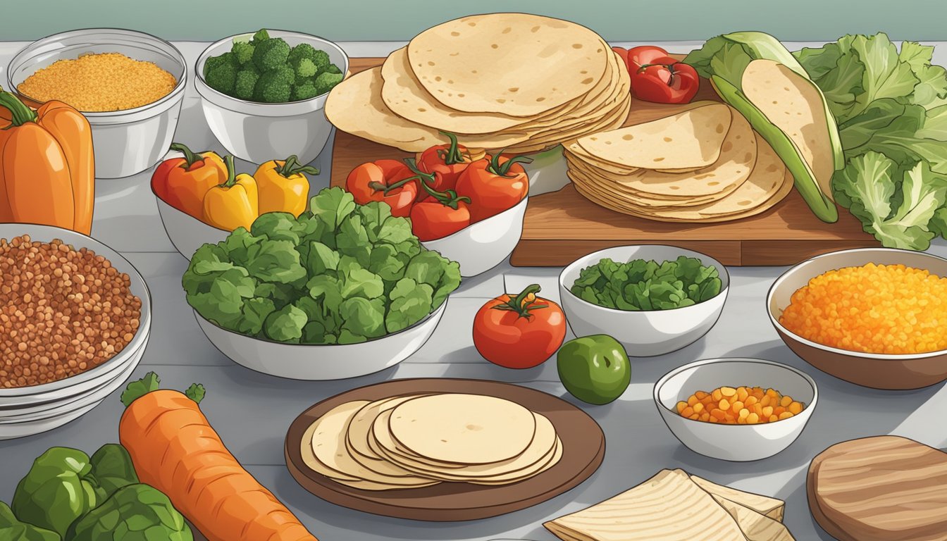 A colorful spread of fresh vegetables, lean meats, and whole grain tortillas arranged on a clean, modern kitchen counter