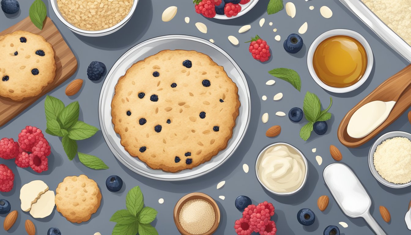 A kitchen counter with ingredients for a diabetic scone recipe, including almond flour, stevia, and fresh berries