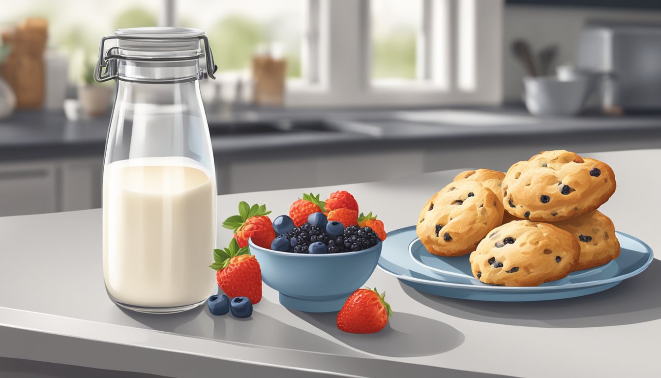 A kitchen counter with a sealed container of freshly baked scones next to a bowl of fresh berries and a glass of milk