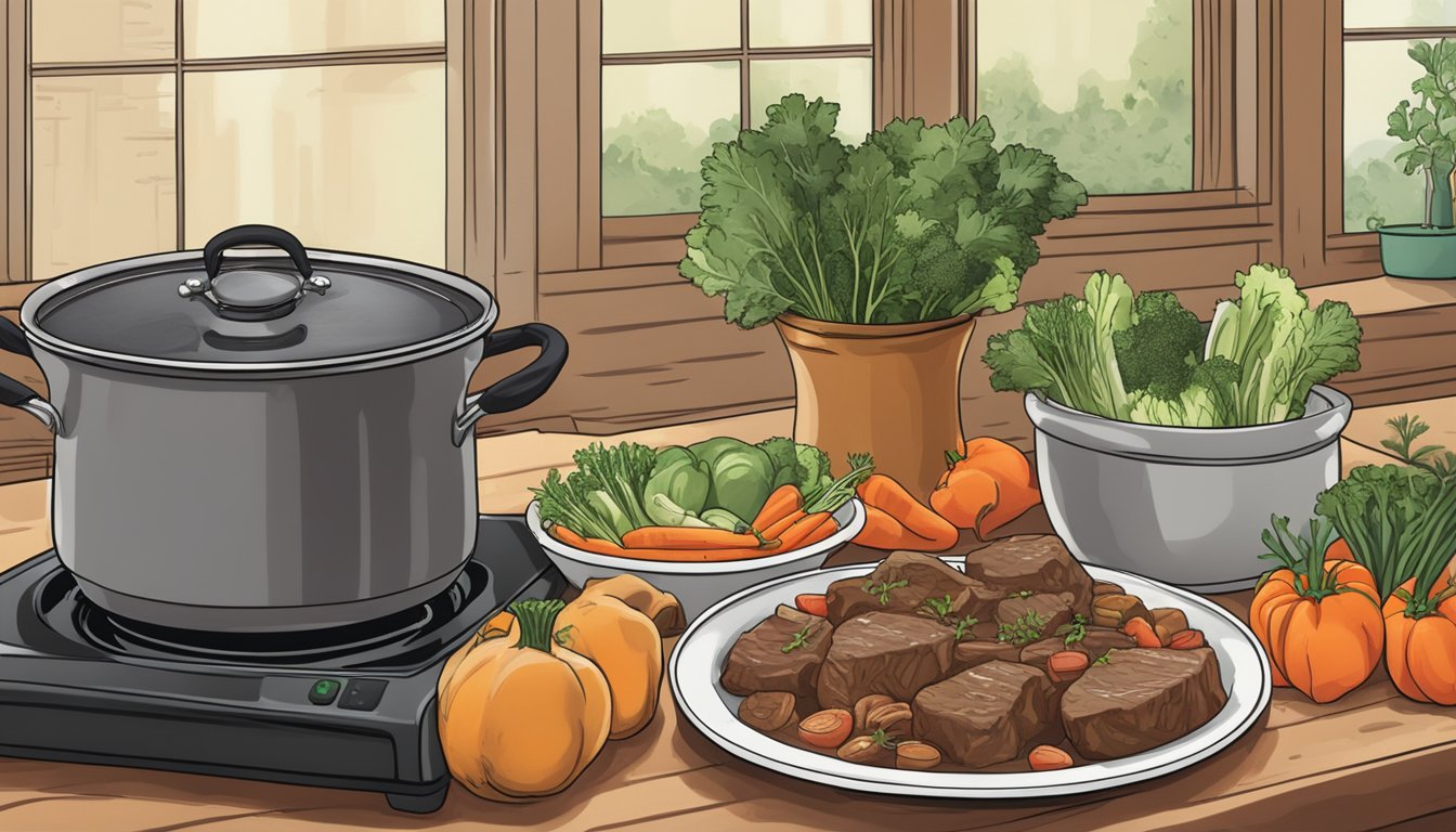 A pot of beef stew simmers on a stove, surrounded by fresh vegetables and herbs. A nutrition label with "Diabetic-Friendly" is visible