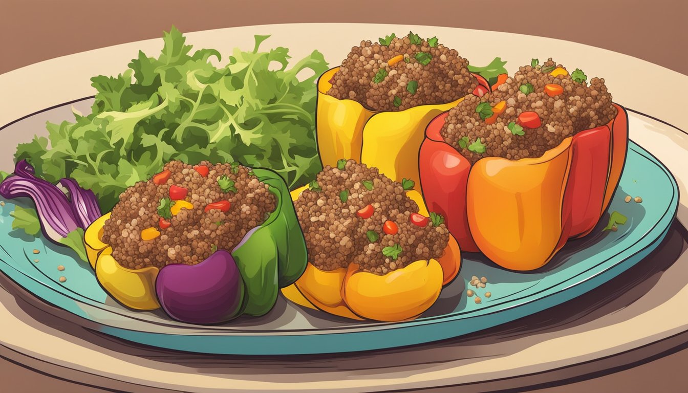 Fresh bell peppers stuffed with lean ground turkey, quinoa, and vegetables. Served on a colorful plate with a side of fresh salad