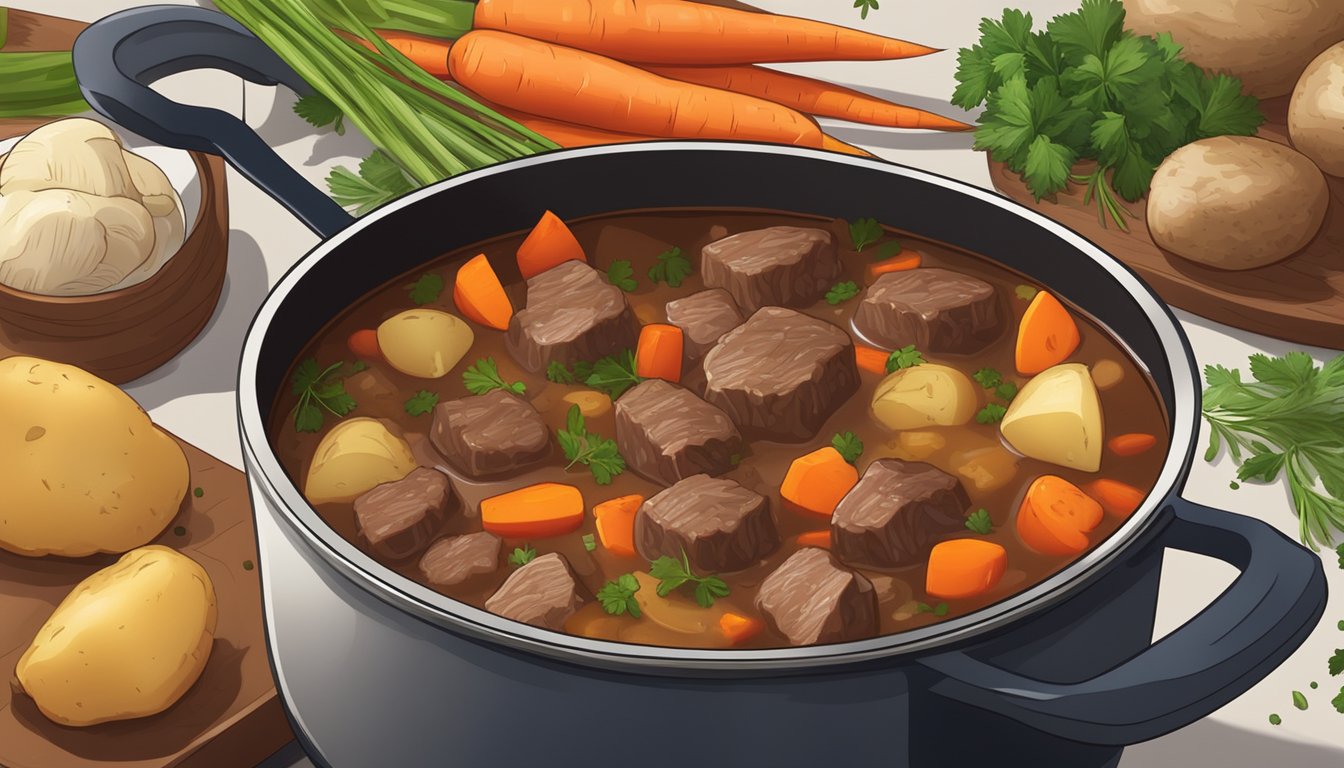 A pot of beef stew simmering on a stove, filled with chunks of tender beef, carrots, celery, and potatoes, surrounded by fresh herbs and spices