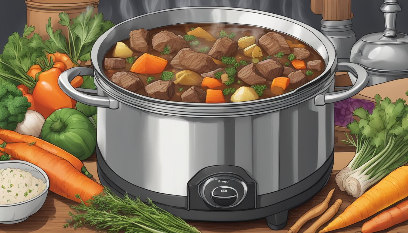 A pot of beef stew simmers on a stove, surrounded by colorful vegetables and herbs. Steam rises as the lid sits slightly askew