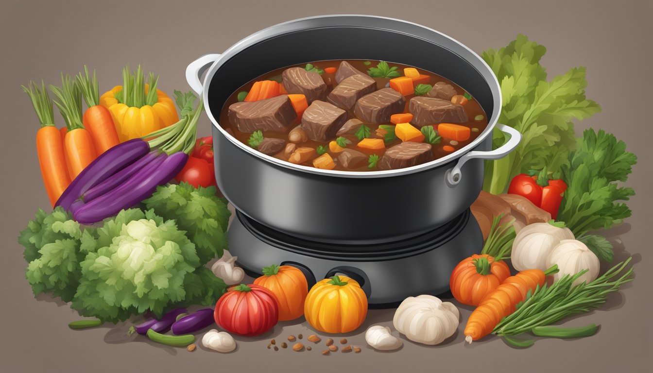 A steaming pot of hearty beef stew simmering on a stove, surrounded by colorful vegetables and herbs