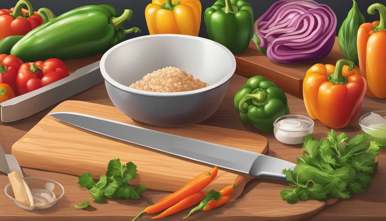 Fresh bell peppers, a cutting board, a knife, a bowl of lean ground turkey, and various colorful vegetables arranged on a countertop