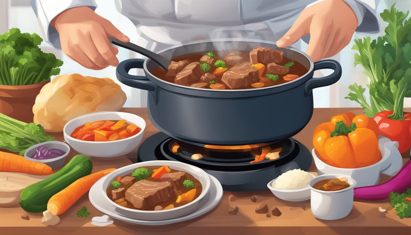 A pot of beef stew simmers on the stove, filled with colorful vegetables and chunks of tender meat, as a chef sprinkles in a pinch of seasoning