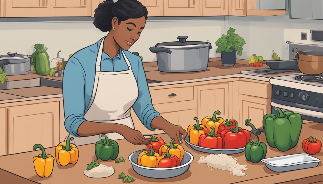 A person assembling and baking stuffed peppers in a kitchen. Ingredients, a baking dish, and a finished dish are present