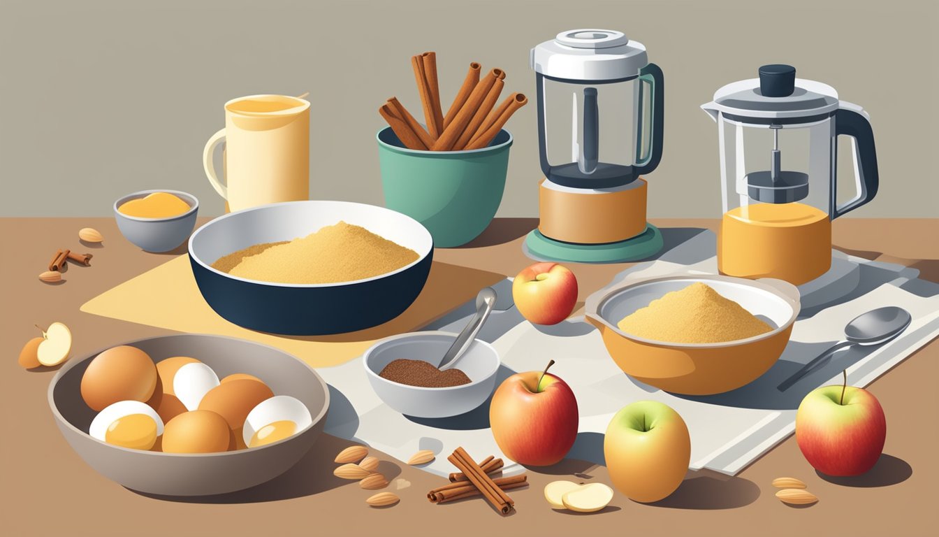 A table with apples, almond flour, eggs, and cinnamon. A measuring cup and spoon are laid out, along with a mixing bowl and an electric mixer