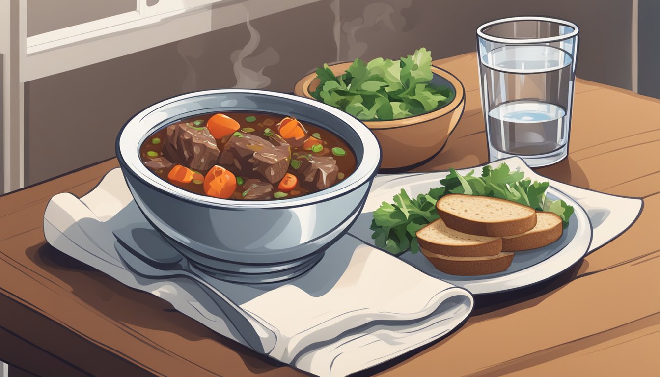 A steaming bowl of beef stew with a side of whole grain bread, accompanied by a glass of water and a small salad