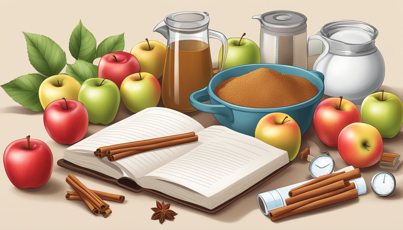 A table filled with fresh apples, cinnamon sticks, measuring cups, and a sugar substitute, surrounded by a recipe book and a blood glucose monitor