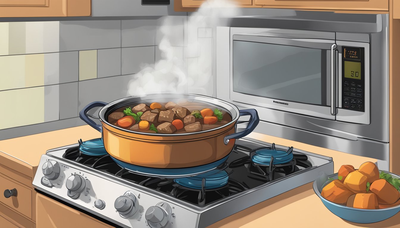 A pot of beef stew sits on a stovetop, steam rising. A microwave beside it shows a timer counting down