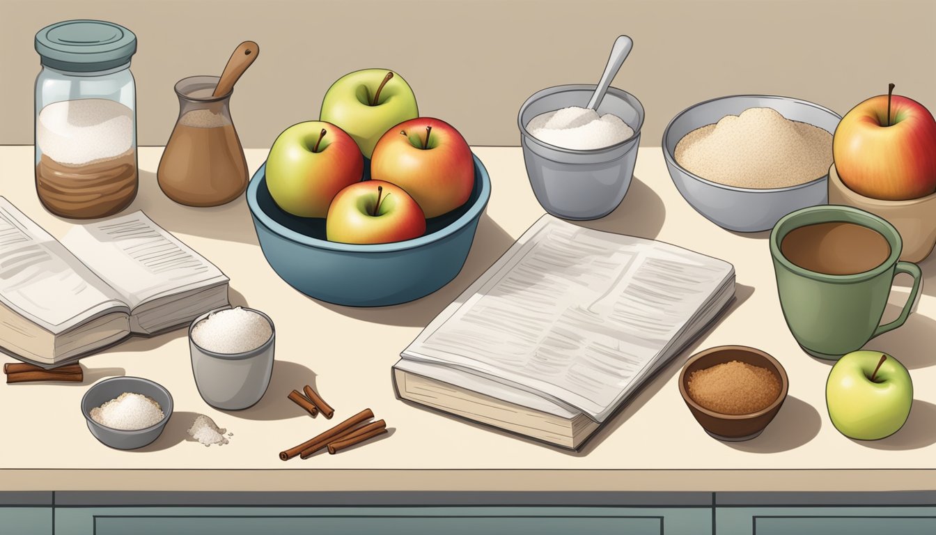 A kitchen counter with ingredients for apple cake: apples, flour, sweetener, cinnamon, mixing bowls, and a recipe book open to the diabetic apple cake page