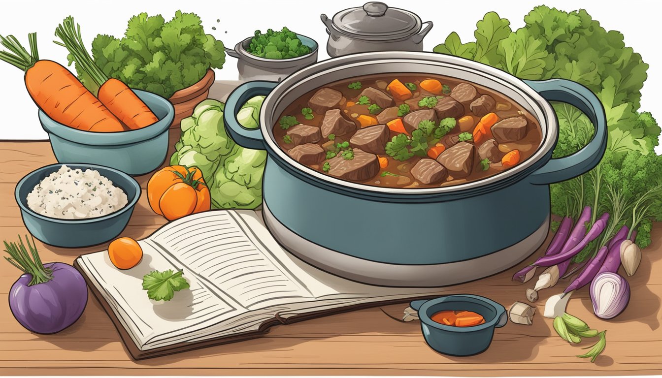 A steaming pot of beef stew surrounded by fresh vegetables and herbs, with a diabetic-friendly recipe book open to the conclusion page