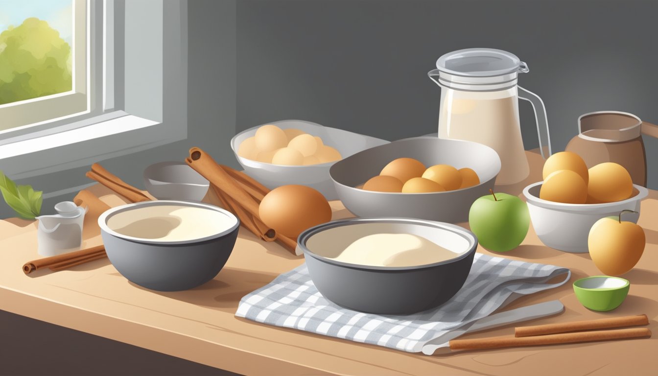 A table with ingredients: apples, flour, sweetener, eggs, and cinnamon. A mixing bowl with a batter and a baking pan ready to go in the oven