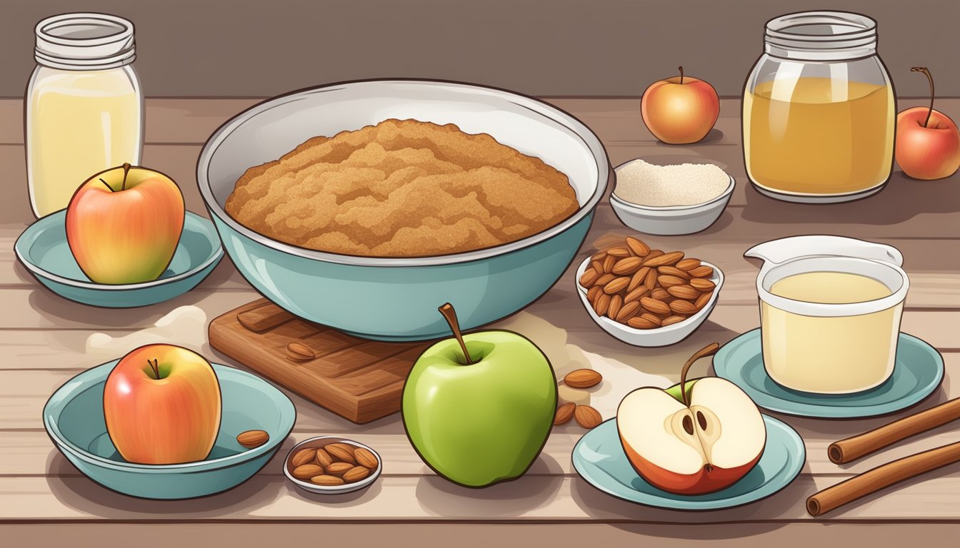 A table set with ingredients for a diabetic apple cake: fresh apples, almond flour, cinnamon, and a sugar substitute