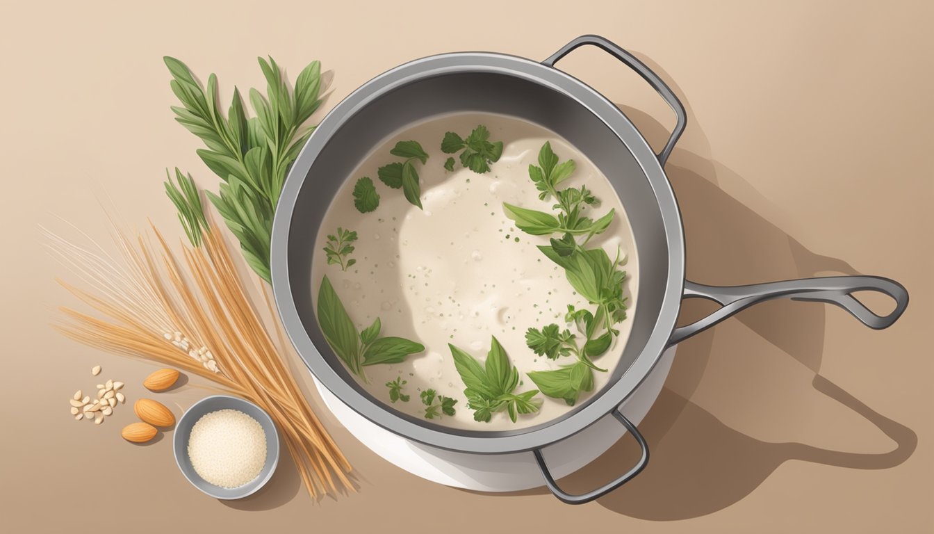 A pot simmering with low-sodium broth, whole wheat flour, and fresh herbs. A whisk stirs in unsweetened almond milk and black pepper