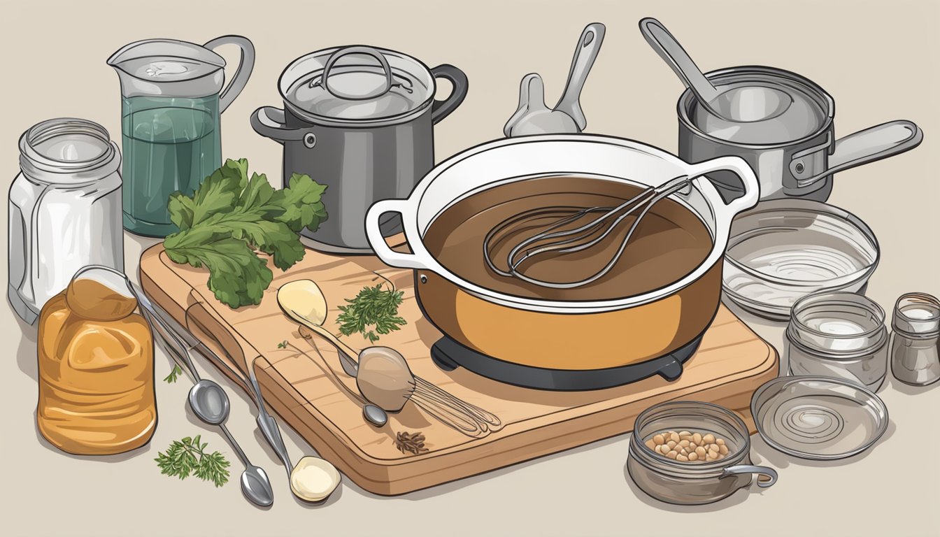 A pot of gravy simmers on a stovetop, surrounded by measuring spoons, a whisk, and various ingredients